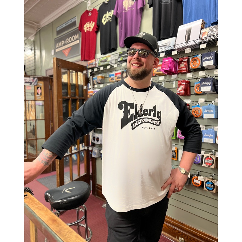 Elderly Instruments Logo Baseball Tee, Black (Various Sizes)