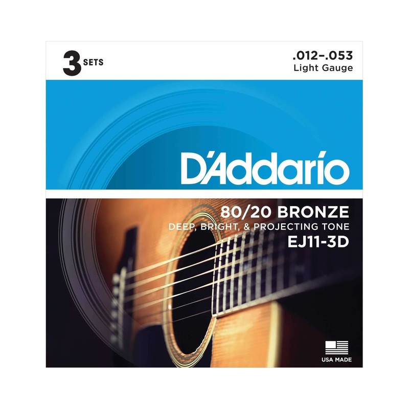 D'Addario EJ11 80/20 Bronze Light Gauge Acoustic Guitar Strings, Three Pack