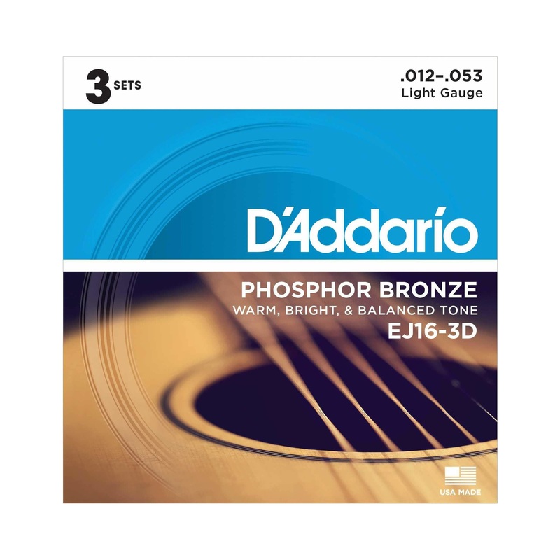 D'Addario EJ16-3D Phosphor Bronze Light Gauge Acoustic Guitar Strings, Three Pack