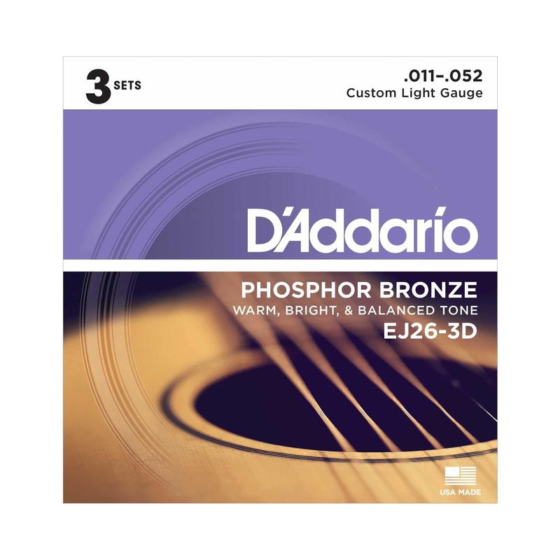 D'Addario EJ26-3D Phosphor Bronze Custom Light Gauge Acoustic Guitar Strings, Three Pack