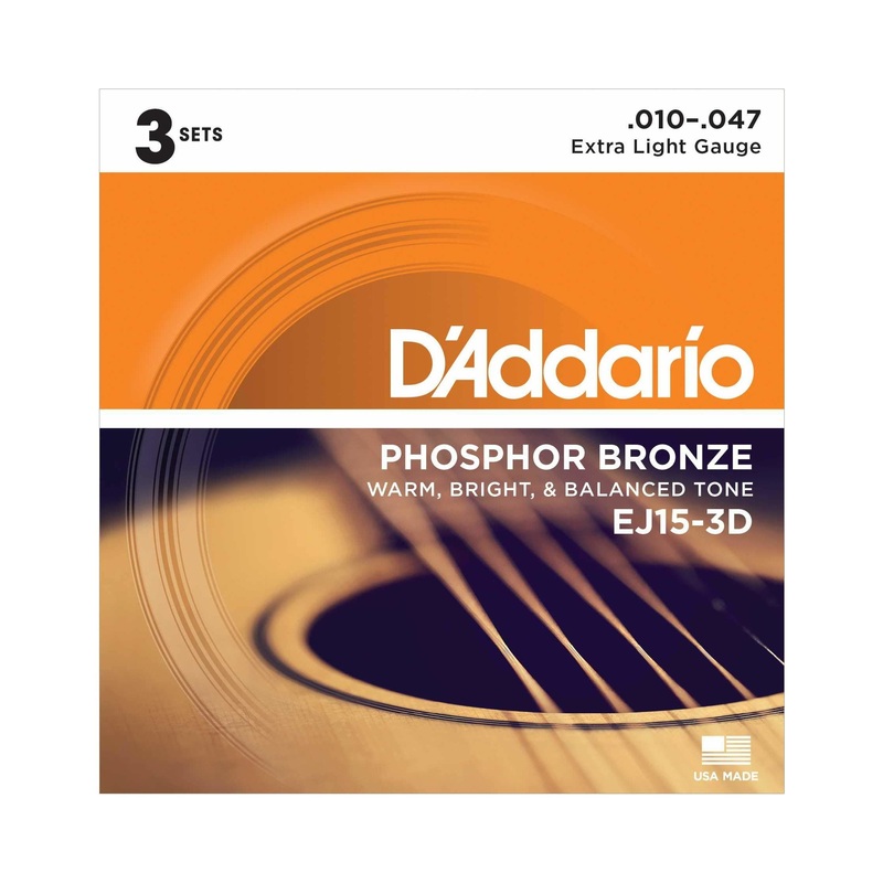 D'Addario EJ15-3D Phosphor Bronze Extra Light Gauge Acoustic Guitar Strings, Three Pack