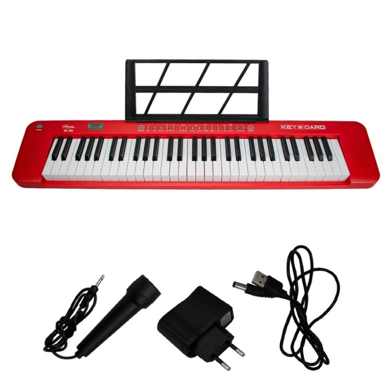 Henrix KB-601 Portable 61 Full Size Keys Keyboard with Adapter and Microphone - Red - Open Box