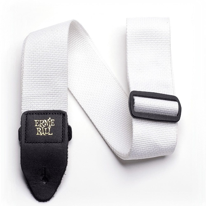 Ernie Ball 4036 White Polypropylene Guitar Straps - Black Leather