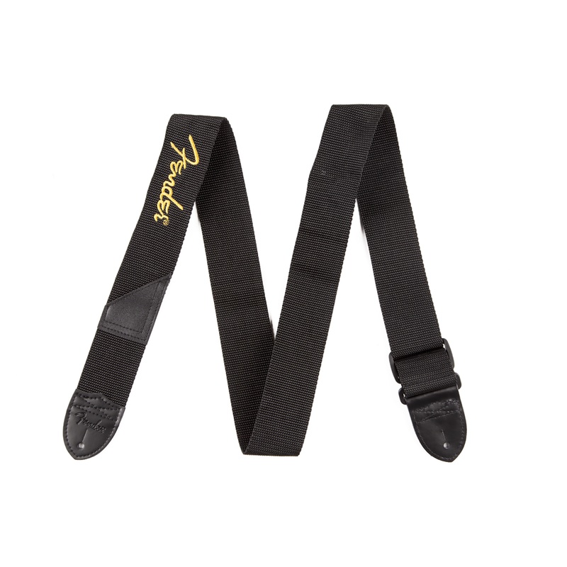 Fender 2 Inch Black Polyester Strap, Yellow Fender Logo
