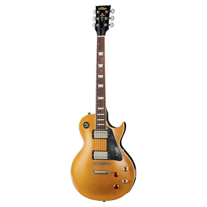 Vintage V100MRJBM Electric Guitar - Distressed Gold Top